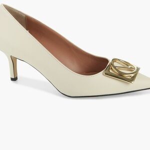 Mario Valentino Cream Pointed Toe Kitten Heels with Gold Emblem